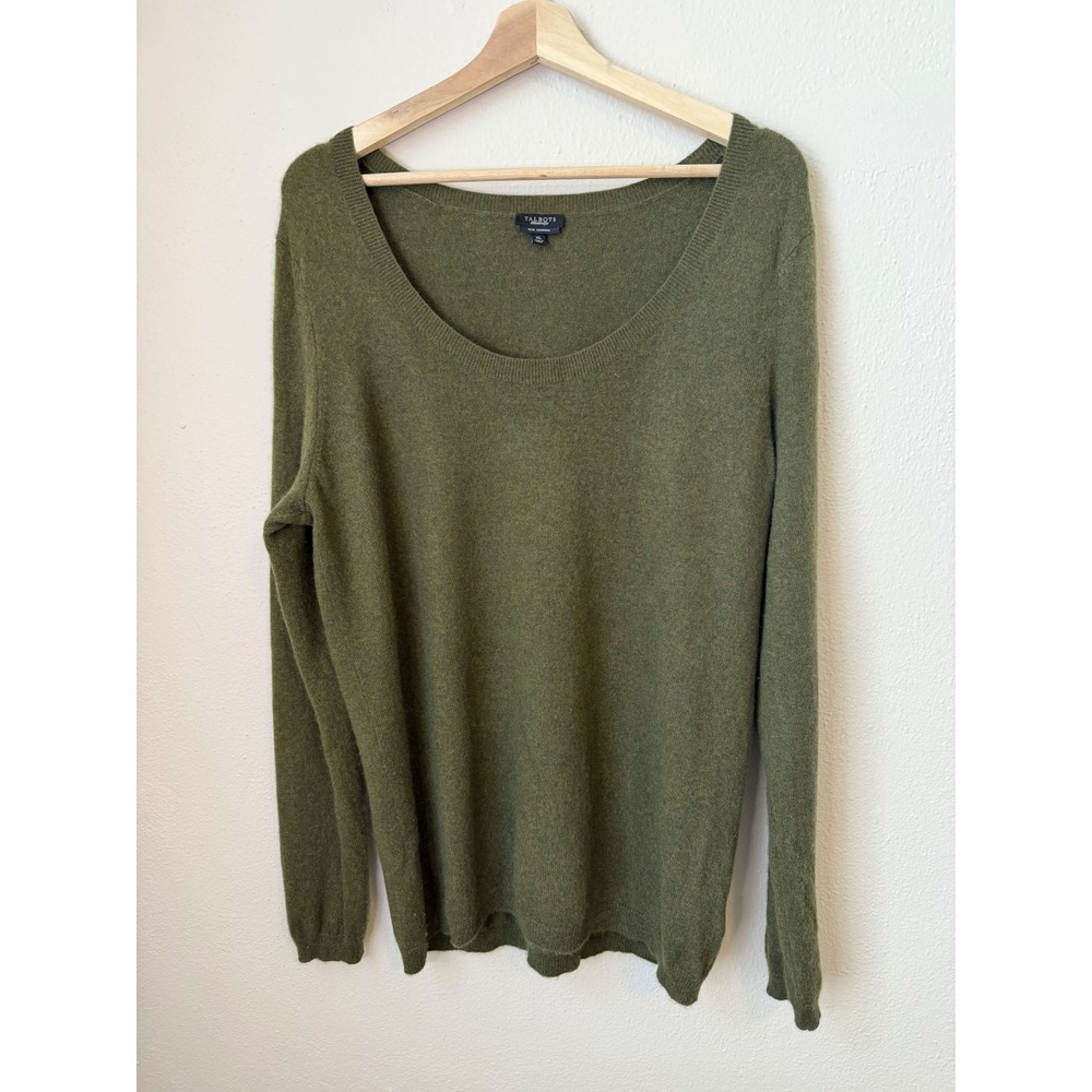 Talbots Womens XL Olive Green 100% Pure Cashmere Scoop Neck Long Sleeve Sweater